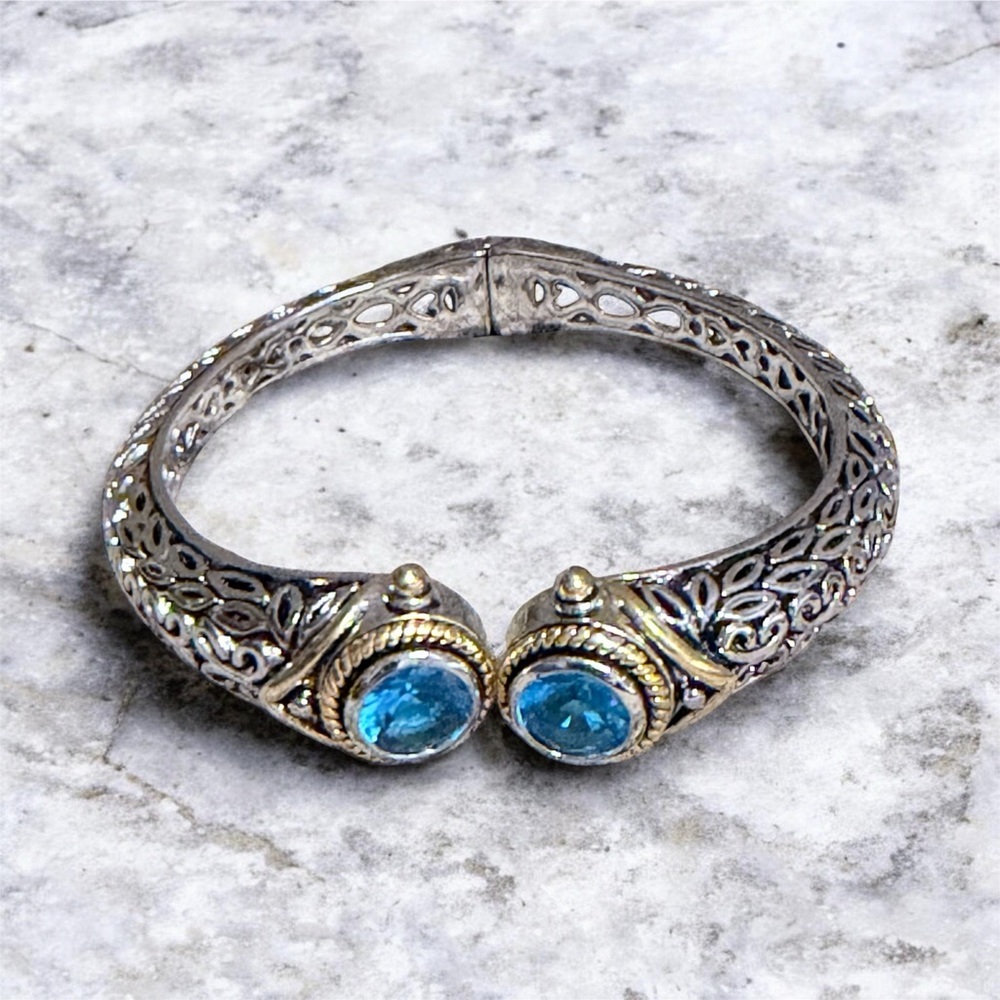Elegant Silver and Gold Tone Bracelet Blue Accents Dec Birthstone Hinge Bangle